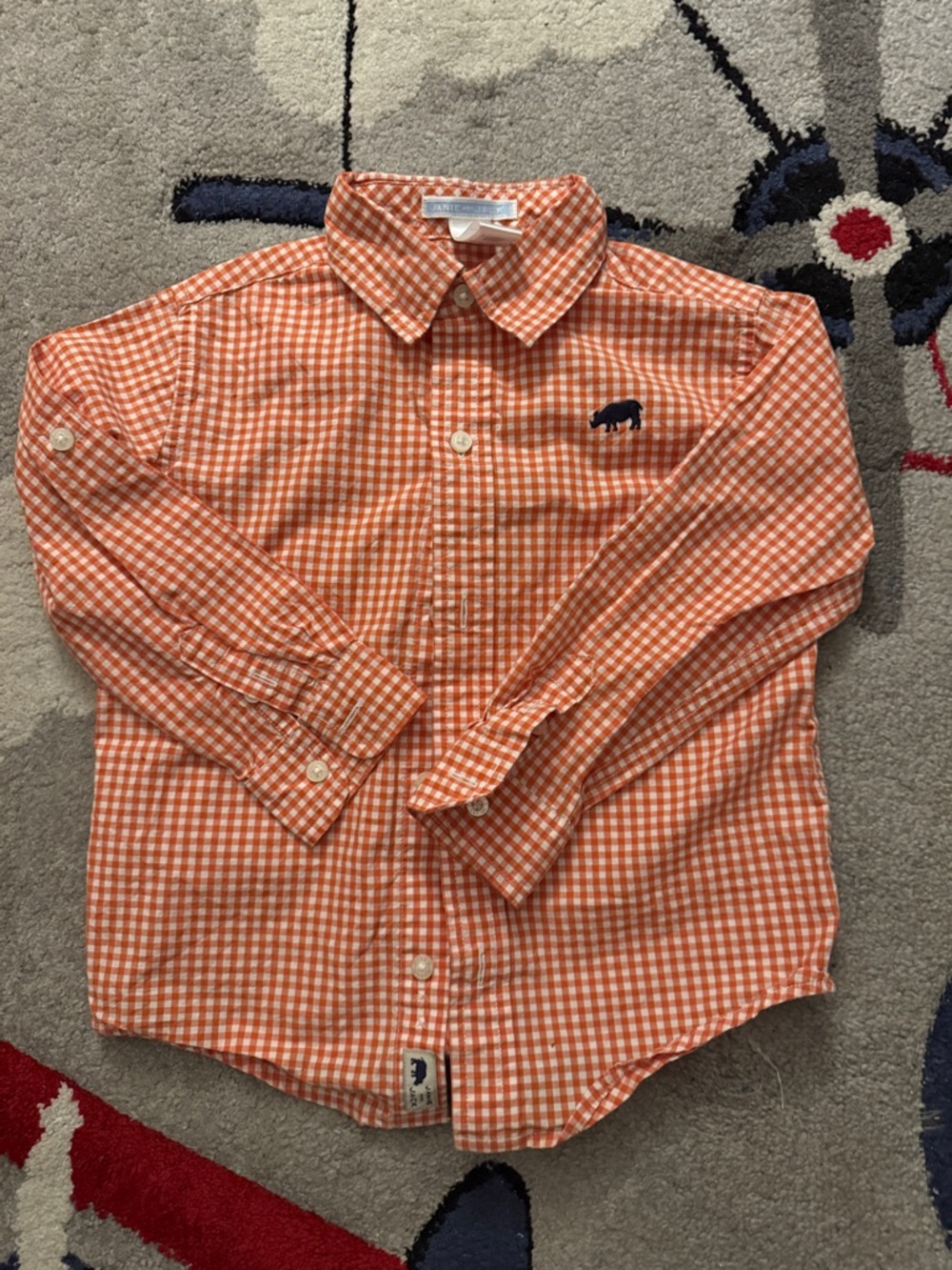 Janie and Jack Orange Gingham Button-Down Shirt with Navy Bear Embroidery